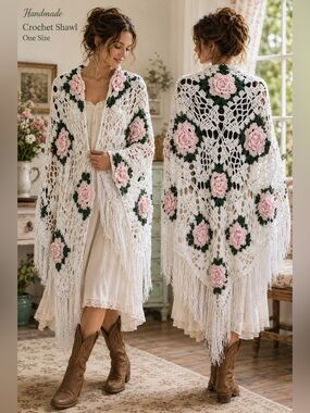 Handmade Crochet Shawl Womens One Size pink Floral Fringe Boho Cottagecore Wrap